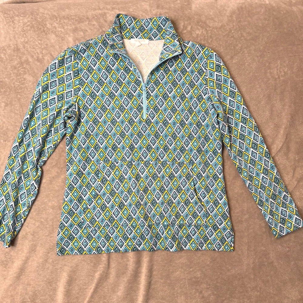 T by Talbots Quarter Zip Pullover Womens S Green Geometric Diamond Print Top - Picture 6 of 9